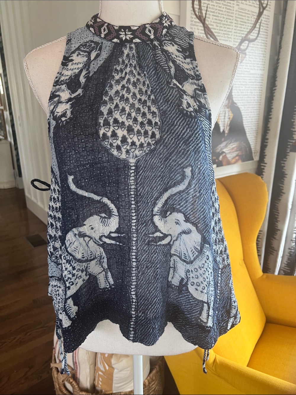 Free People Blue & White Elephant Print Open Side Tie Top